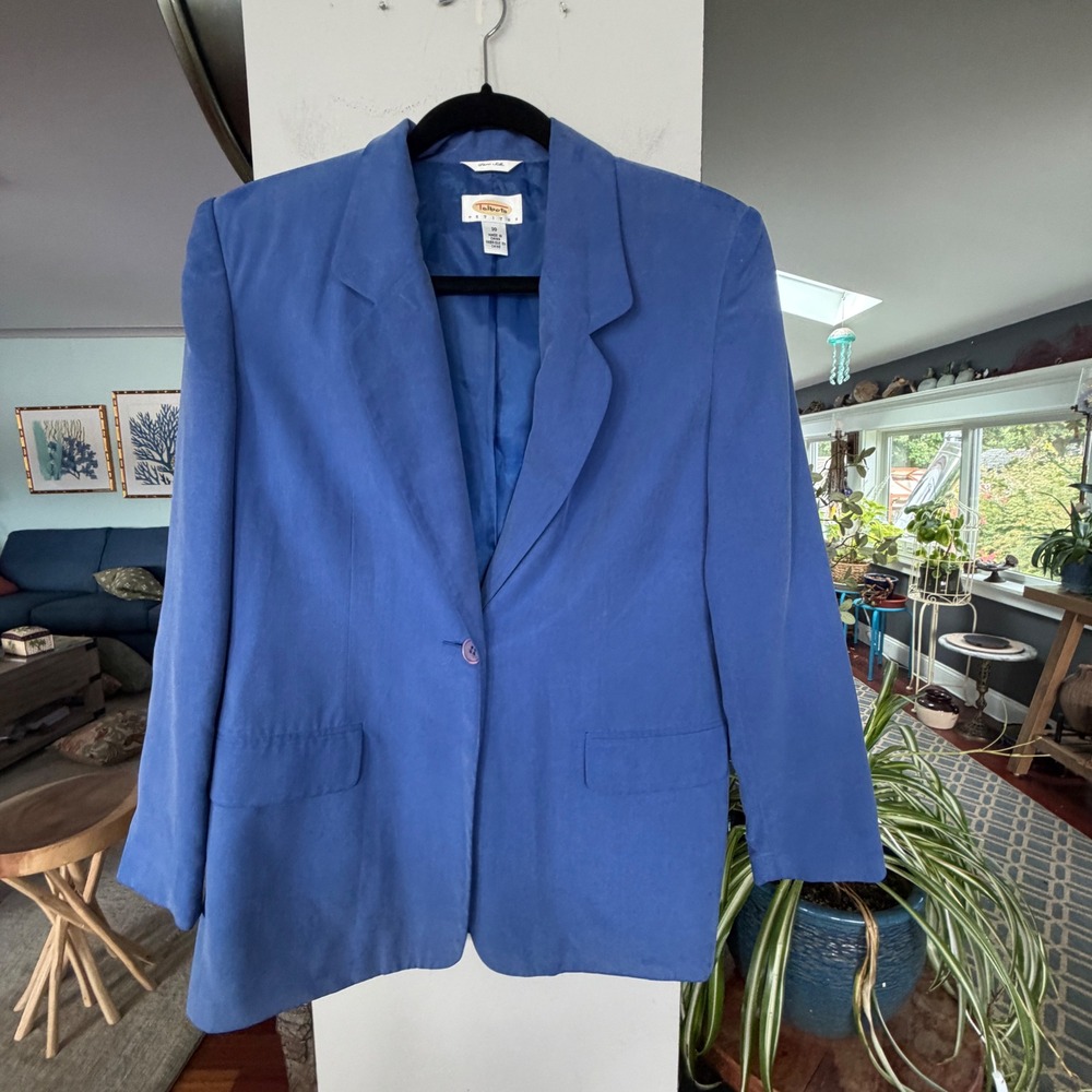 Talbots Silk Blazer Womens 10P Blue Single Button Petite Luxury Officecore